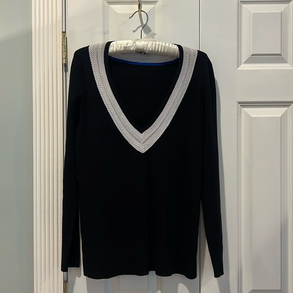 Talbots V-Necked Sweater Black With White Trim Size Medium